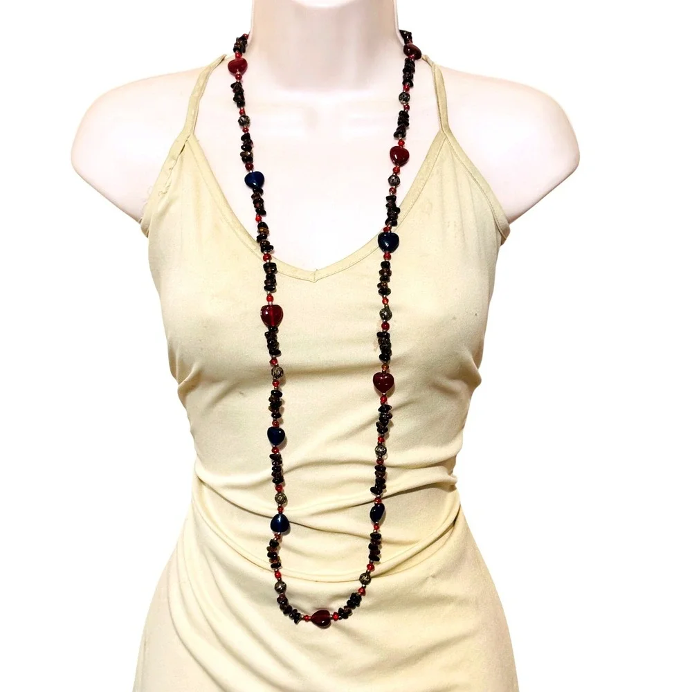 VTG BOHO Heart Necklace‎ colorful poured art Glass beads strand Statement 42